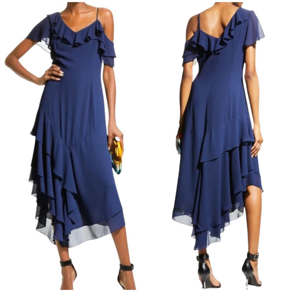 Shani NWT Asymmetric Georgette Midi Dress Navy Blue Size 14 Ruffle V-Neck